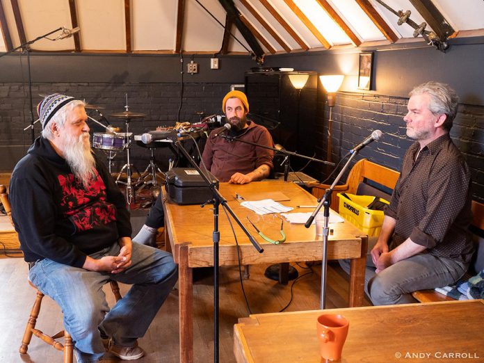 Peterborough musicians Neal Retke and Bennett Bedoukian speak with Trent Radio's Charlie Glasspool, curator and host of the "Radio from the Stage" live radio broadcast series, during the fifth episode of the series at Sadleir House in Peterborough on February 25, 2024. (Photo: Andy Carroll)