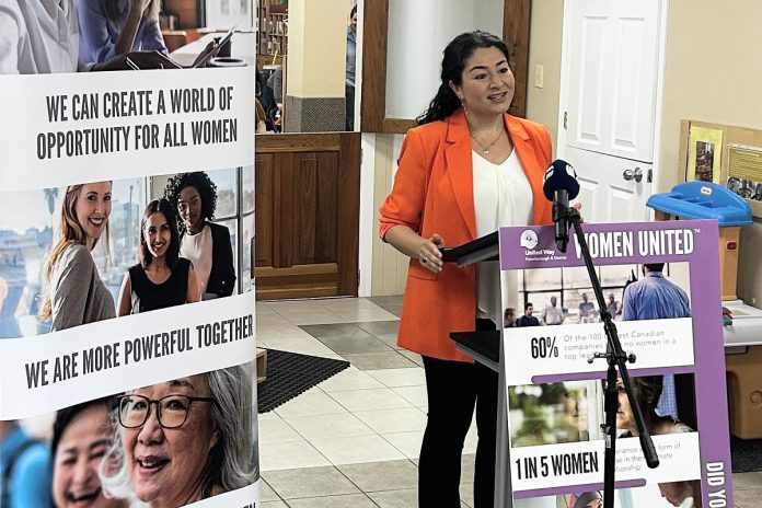 Former Peterborough-Kawartha MP and Minister for Women and Gender Equality Maryam Monsef, the founding chair of Women United Peterborough, speaks at a September 2023 event to announce the recipients of the inaugural Women United Fund in September 2023. On March 8, 2024 (International Women's Day), Women United Peterborough opened nominations for its inaugural Women of Impact Awards, which will recognize 20 women and individuals who identify as women in the city and county of Peterborough who have gone above and beyond to demonstrate remarkable contributions in the community. (Photo: United Way Peterborough & District)