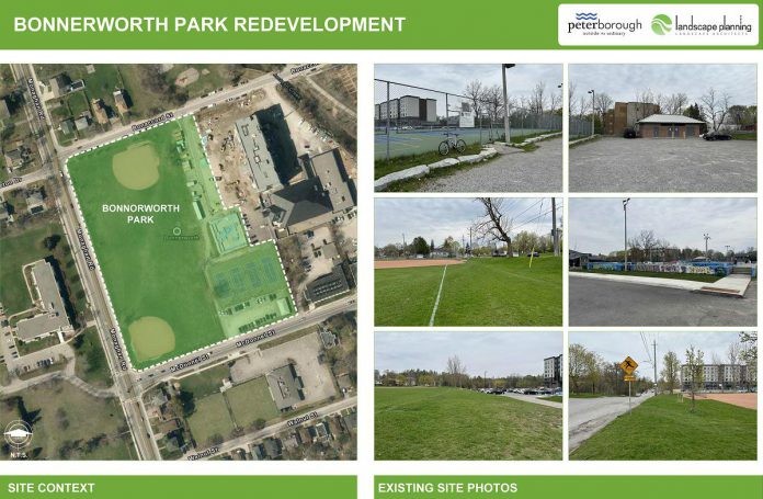 The location of Bonnerworth Park and existing site photos from a "preliminary facility fit" document for the Bonnerworth Park Redevelopment that City of Peterborough staff presented during a community meeting on March 21, 2024.  (Image: City of Peterborough)