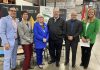 Community Futures Peterborough announced its new Climate Change and Environment Fund at an event at Charlotte Products on Fisher Drive on Earth Day (April 22, 2024). Pictured from left are Peterborough & the Kawarthas Economic Development director of business attraction, retention and expansion Jamey Coughlin, Peterborough GreenUP executive director Tegan Moss, Peterborough County Warden Bonnie Clark, Peterborough Mayor Jeff Leal, Charlotte Products CEO Matt Strano, and Community Futures Peterborough executive director Devon Girard. (Photo: Paul Rellinger / kawarthaNOW)