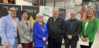 Community Futures Peterborough announced its new Climate Change and Environment Fund at an event at Charlotte Products on Fisher Drive on Earth Day (April 22, 2024). Pictured from left are Peterborough & the Kawarthas Economic Development director of business attraction, retention and expansion Jamey Coughlin, Peterborough GreenUP executive director Tegan Moss, Peterborough County Warden Bonnie Clark, Peterborough Mayor Jeff Leal, Charlotte Products CEO Matt Strano, and Community Futures Peterborough executive director Devon Girard. (Photo: Paul Rellinger / kawarthaNOW)