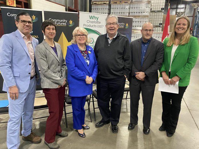 Community Futures Peterborough announced its new Climate Change and Environment Fund at an event at Charlotte Products on Fisher Drive on Earth Day (April 22, 2024). Pictured from left are Peterborough & the Kawarthas Economic Development director of business attraction, retention and expansion Jamey Coughlin, Peterborough GreenUP executive director Tegan Moss, Peterborough County Warden Bonnie Clark, Peterborough Mayor Jeff Leal, Charlotte Products CEO Matt Strano, and Community Futures Peterborough executive director Devon Girard. (Photo: Paul Rellinger / kawarthaNOW)