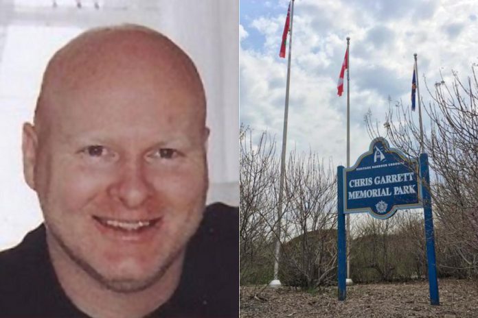 A celebration of the life of Chris Garrett will be held in the park named in his honour on May 15, 2024, 20 years after the 39-year-old Cobourg police constable was murdered in the line of duty. (kawarthaNOW collage)