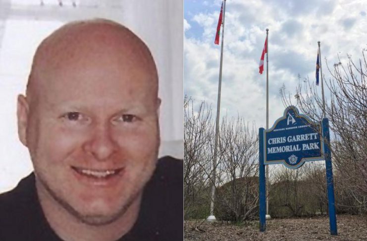 A celebration of the life of Chris Garrett will be held in the park named in his honour on May 15, 2024, 20 years after the 39-year-old Cobourg police constable was murdered in the line of duty. (kawarthaNOW collage)