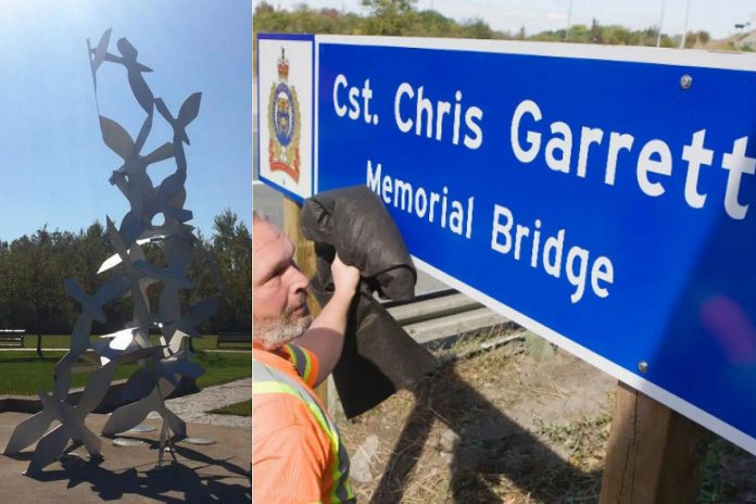 The Chris Garrett Memorial Park in Cobourg includes a memorial statue called "Hero's Flight" in honour of Constable Chris Garrett and the County Road 45 bridge over Highway 401 was also named in his honour. (kawarthaNOW collage of Cobourg Police Service photos)