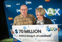 Doug and Enid Hannon of Lakefield collected their $70 million Lotto Max win in Toronto on April 22, 2024. (Photo courtesy of OLG)