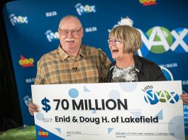 Doug and Enid Hannon of Lakefield collected their $70 million Lotto Max win at a special OLG winner celebration in Lakefield on April 22, 2024. (Photo courtesy of OLG)