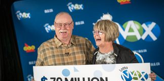 Doug and Enid Hannon of Lakefield collected their $70 million Lotto Max win at a special OLG winner celebration in Lakefield on April 22, 2024. (Photo courtesy of OLG)