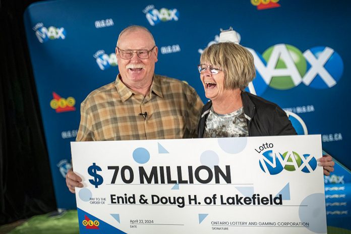 Doug and Enid Hannon of Lakefield collected their $70 million Lotto Max win at a special OLG winner celebration in Lakefield on April 22, 2024. (Photo courtesy of OLG)