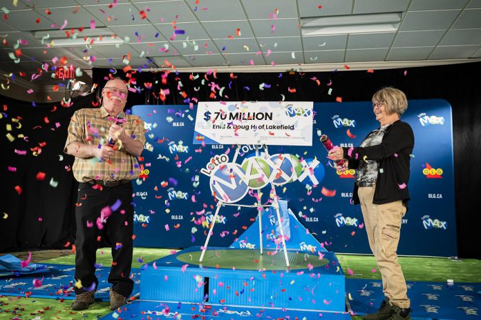 Doug and Enid Hannon of Lakefield celebrate their $70-million windfall at a special OLG winner celebration in Lakefield on April 22, 2024. (Photo courtesy of OLG)