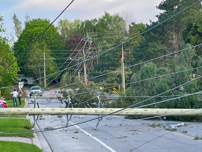 Downed hydro poles and power lines from the May 21, 2022 derecho storm. While everyone is at risk of being impacted by climate change, certain groups are more vulnerable than others. Factors such as age, living conditions, income, education, and social connection play a big role in a person's ability to adapt to an extreme weather event or temperatures. (Photo: Hydro One)