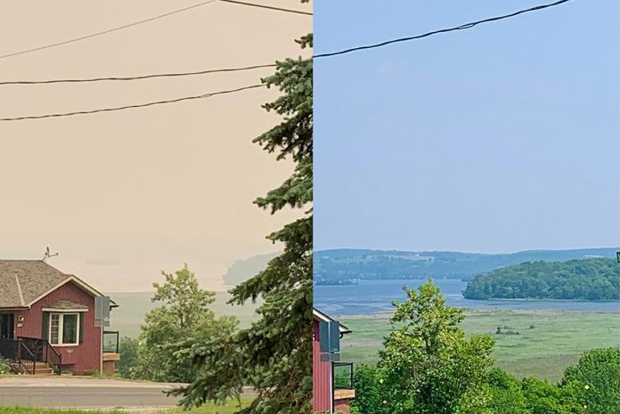 Photos taken on June 5 and 7, 2023, showing the difference in air quality caused by wildfire smoke. Canada is warming much faster than the rest of the world, providing ideal conditions for more frequent and longer wildfires. (Photos courtesy of Peterborough Public Health)