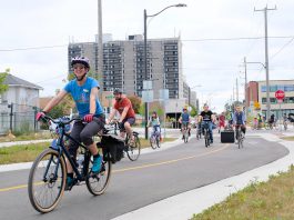 The Peterborough and the Kawarthas Cycling Summit, with the theme "Safe Streets for Everyone," takes place on April 24 and 25, 2024 at Showplace Performance Centre's Nexicom Studio and McDonnel Street Activity Centre. A portion of Bethune Street in downtown Peterborough reopened in the summer of 2023 as Canada's first purpose-built street to give priority to bicycles and other active transportation users. (Photo: Lili Paradi / GreenUP)