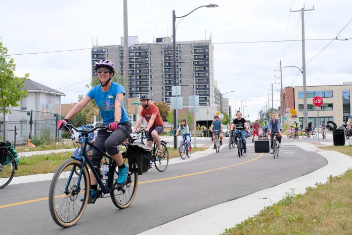 The Peterborough and the Kawarthas Cycling Summit, with the theme "Safe Streets for Everyone," takes place on April 24 and 25, 2024 at Showplace Performance Centre's Nexicom Studio and McDonnel Street Activity Centre. A portion of Bethune Street in downtown Peterborough reopened in the summer of 2023 as Canada's first purpose-built street to give priority to bicycles and other active transportation users. (Photo: Lili Paradi / GreenUP)