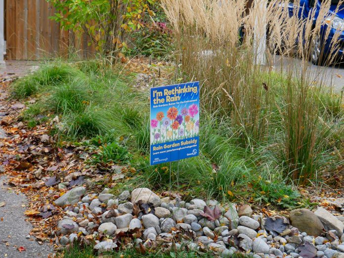 River rock, often used along the bottom of a rain garden, looks aesthetically pleasing and also helps prevent erosion where the water enters the rain garden. (Photo: Hayley Goodchild / GreenUP)