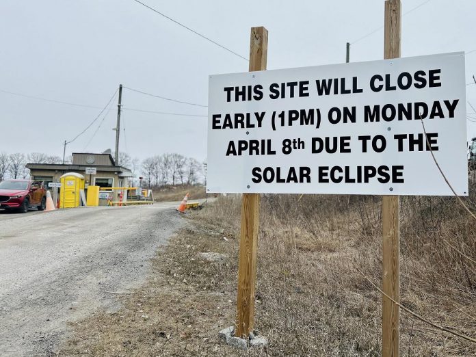 There will be precautionary changes to some services in Northumberland County during the total solar eclipse on April 8, 2024, including the early closure of county recycling centres in Bewdley, Seymour, and Brighton as they are not designed to operate in low-light conditions. An influx of visitors is expected in communities in Northumberland that are in the path of totality, including Brighton, Colborne, Grafton, Cobourg, and Port Hope. (Photo: Northumberland County)
