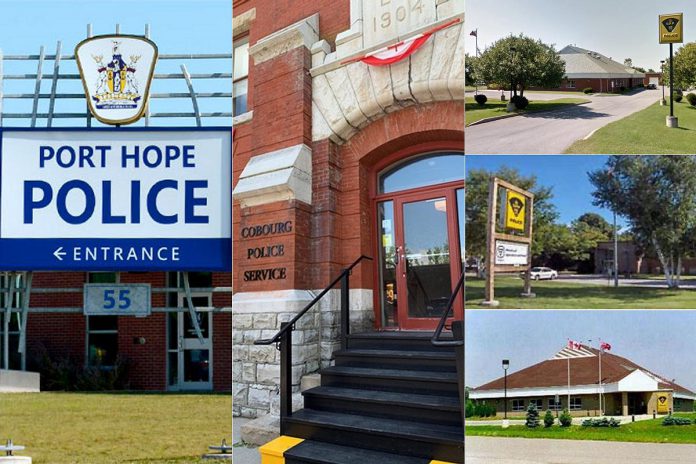 Northumberland County council has hired a consultant to complete a review of police services in Northumberland, which encompasses looking at one police service for the entire county instead of the current three: the Port Hope Police Service, the Cobourg Police Service, and the Ontario Provincial Police's Northumberland detachment with locations in Cobourg, Brighton, and Campbellford. (kawarthaNOW collage of police service photos)