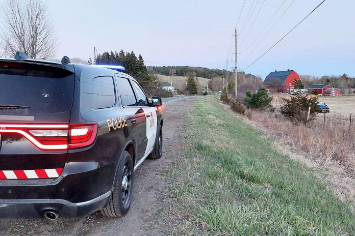 A passenger vehicle left County Road 2 west of Colborne on April 14, 2024 and ended up in a farmer's field. Three passengers were injured, including one who was airlifted to Toronto with life-threatening injuries. The vehicle's 46-year-old driver has been charged with impaired operation. (Photo: Northumberland OPP)