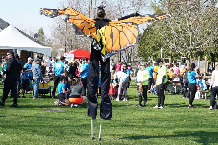 Along with a one-kilometre run fun for kids, a one-kilometre memorial walk, and a five-kilometre chip-timed run/walk, the Peterborough Butterfly Run on April 28, 2024 at Millennium Park featured a photo booth, 'butterfly boutique', a DJ, and a stilt walker in a butterfly costume. (Photo: GPHSF, Your Family Health Team Foundation)