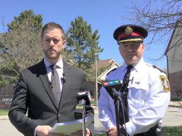 Peterborough police held a media conference on April 26, 2024 to provide an update on the investigation into a shooting earlier that morning at the Sunshine Homes housing complex at 572 Crystal Drive that resulted in the death of a 32-year-old Peterborough man. (kawarthaNOW screenshot of Peterborough police video)