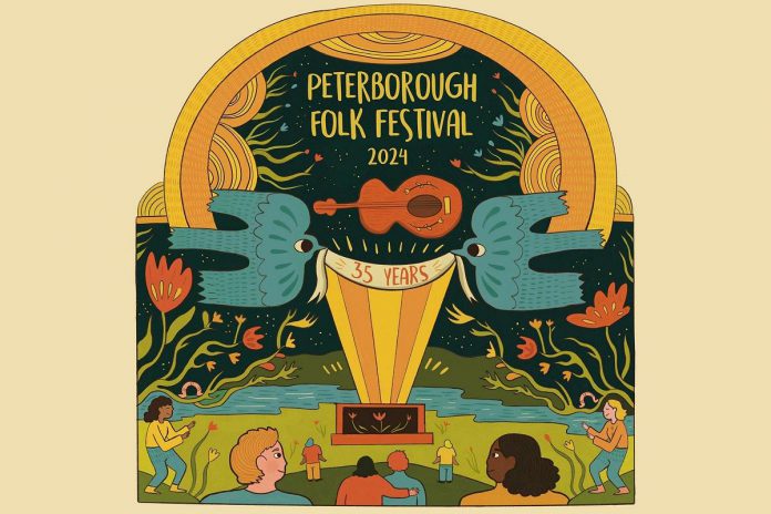 Peterborough artist and illustrator Brooklin Stormie Holbrough designed the poster for the 35th Peterborough Folk Festival, which was unveiled at a kick-off event on April 4, 2024 at the Market Hall to promote the festival's return to Nicholls Oval Park on August 18 and 19. (Poster: Brooklin Stormie Holbrough)