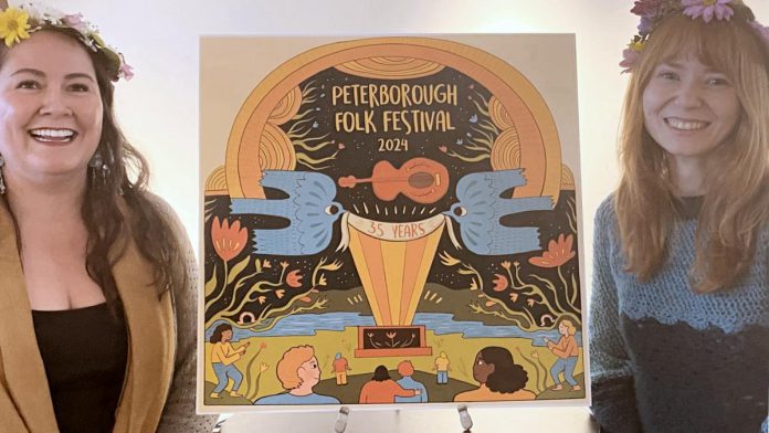 Musician Missy Knott, who was the 2009 recipient of the Peterborough Folk Festival's Emerging Artist Award, and artist and illustrator Brooklin Stormie Holbrough, who designed the poster for the 35th festival, at a kick-off event on April 4, 2024 at the Market Hall to promote the festival's return to Nicholls Oval Park on August 18 and 19. (Photo: Paul Rellinger / kawarthaNOW)