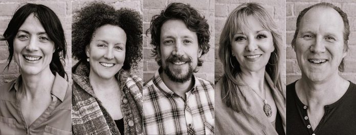 The cast of "Girl in the Goldfish Bowl": Lindsay Wilson as Iris, Nancy Towns as Sylvia, Peter Dolinski as Owen, Lisa Devan as Miss Rose, and Stew Granger as Mr. Lawrence. (kawarthaNOW collage of photos by Tracey Allison)