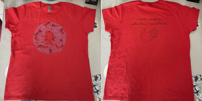 Nish Tees, an Indigenous-led business in Peterborough-Nogojiwanong, is selling a T-shirt with a design by Métis-Japanese Canadian artist Mia Ohki to raise funds for Red Dress Day. On the front, the design features an image of women swimming in tears and, on the back, the words "no more stolen sisters" written above a hand print symbolizing the missing and murdered Indigenous women who have been silenced. (Photos courtesy of Nish Tees)