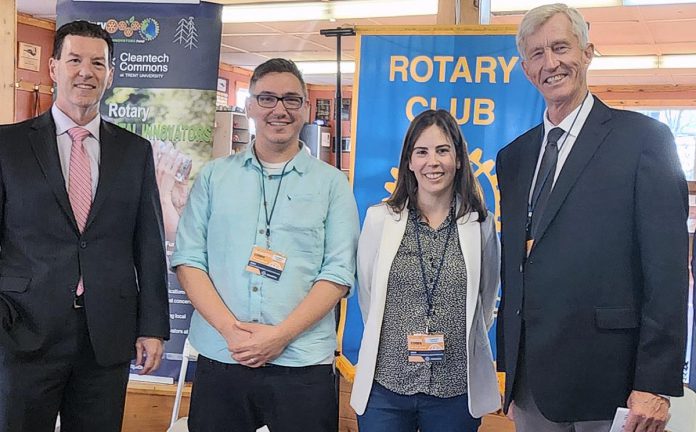 Brandon Bunnie and Maria Cotes of Flora's Reign (middle) with the Rotary Environmentalist Innovators Fund's honorary champion Martin Yuill (left) and chair Graham Wilkins.  (Photo courtesy of Rotary Environmentalist Innovators Fund)