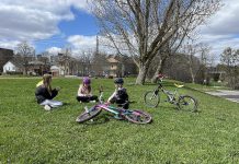 The redevelopment plan for Bonnerworth Park in Peterborough approved by city council on April 8, 2024 would see much of the park's existing greenspace removed to accommodate 16 pickleball courts, an expanded skate park, a bike pump track, and an 80-vehicle parking lot. According to the Save Bonnerworth Park group, the greenspace is used year-round for kites, frisbee, snow forts, skiing, and dog walking. (Photo: Save Bonnerworth Park website)