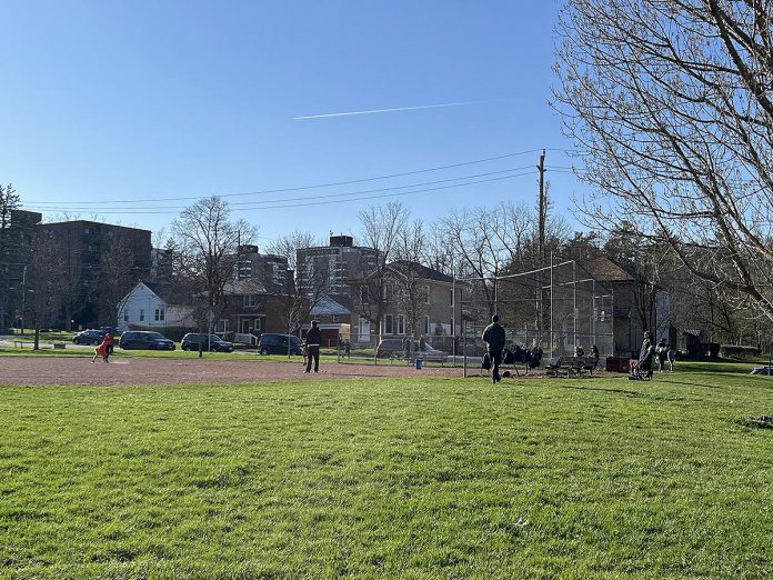 The redevelopment plan for Bonnerworth Park in Peterborough approved by city council on April 8, 2024 would see much of the park's double baseball diamonds removed to accommodate 16 pickleball courts, an expanded skate park, a bike pump track, and an 80-vehicle parking lot. According to the Save Bonnerworth Park group, the baseball diamonds are used regularly by Peterborough Baseball Association, St. Peter's Secondary School,  and pick-up groups. (Photo: Save Bonnerworth Park website)