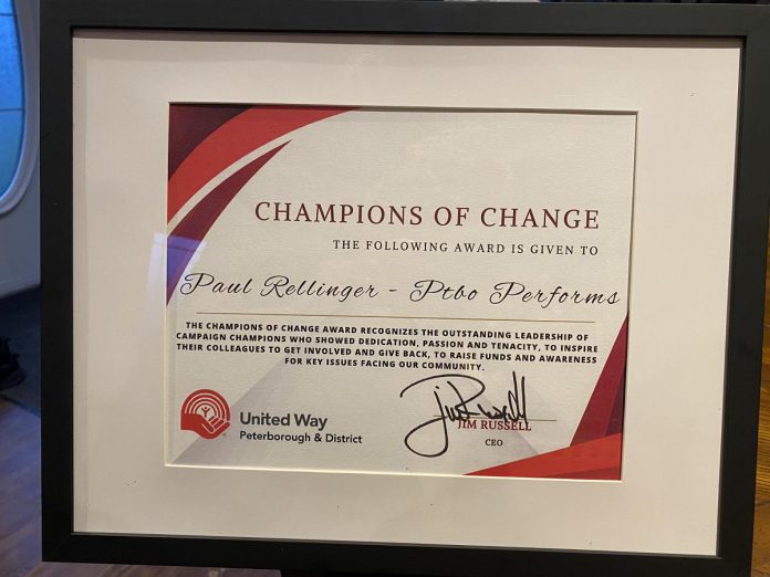 kawarthaNOW writer Paul Rellinger received a "Champions of Change" award from the United Way Peterborough & District for his volunteer work organizing the fourth Peterborough Performs benefit concert on March 7, which raised more than $30,000 for the United Way. (Photo: Paul Rellinger)