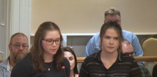Suzanne Mooser (left) and Emily Wakeham, two students at Fleming College's Frost campus in Lindsay, appeared before Kawartha Lakes city council on May 7, 2024 asking that council consider and pass a resolution calling for the college's reversal of the suspension of the programs. Wakeham made the presentation and both she and Mooser answered questions posed by councillors. (kawarthaNOW screenshot of City of Kawartha Lakes video)