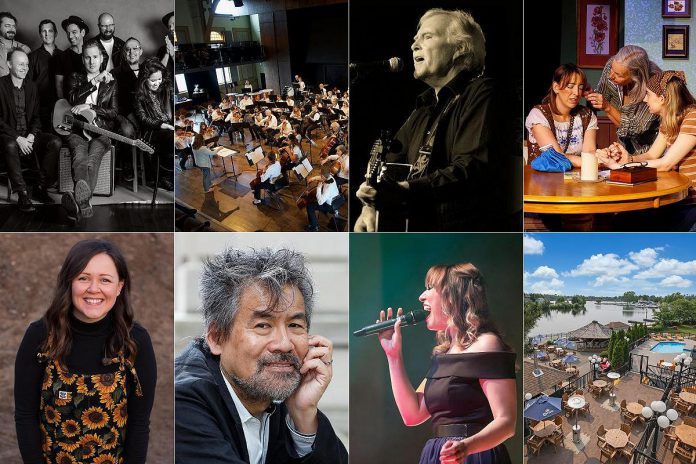 Left to right, top and bottom: Tommy Youngsteen, the Kawartha Youth Orchestra, John Stinson of Classic Lightfoot Live, "When We Were Young And Unafraid" by Northumberland Players, Alysha Kyle, "Yellow Face" playwright David Henry Hwang, a performer in "Music of the Night: The Concert Tour", and the Riverside Grill and Gazebo in downtown Peterborough. (kawarthaNOW collage)