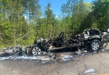 Peterborough County OPP released this photo of the remains of a pickup truck and a motorcycle after they caught on fire following a head-on collision on County Road 507 north of Buckhorn on May 19, 2024. The motorcyclist was pronounced dead at the scene and the two occupants of the pickup truck escaped with minor injuries. (Photo: Peterborough County OPP)