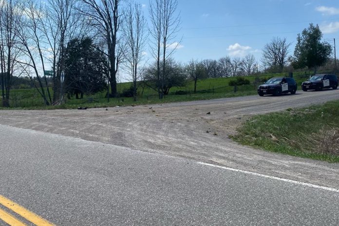 Debris on Lilac Road at Mount Horeb Road west of Omemee after a Pontypool man's motorcycle crashed on May 4, 2024. The 73-year-old driver was pronounced dead in hospital. (Photo: Kawartha Lakes OPP)