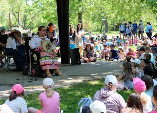 Elder Dorothy Taylor of Curve Lake First Nation leads a sacred water teaching at the Peterborough Children's Water Festival in 2023. (Photo: Lili Paradi)