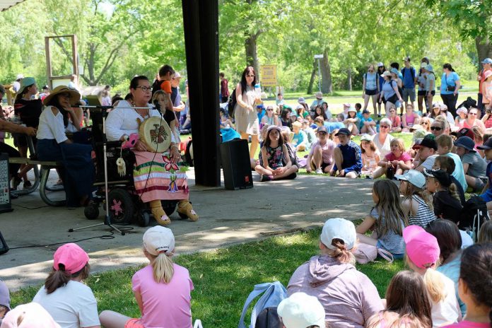 Elder Dorothy Taylor of Curve Lake First Nation leads a sacred water teaching at the Peterborough Children's Water Festival in 2023. (Photo: Lili Paradi)