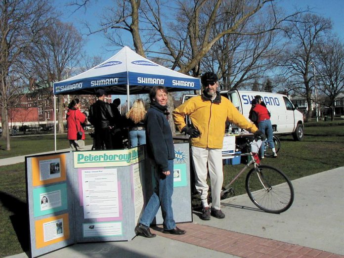 Participants enjoying nice weather in April 2004, the first year of the Shifting Gears challenge, at one of the campaign's regular bike pop-ups. Another event during the month featured snow, prompting GreenUP to move the annual challenge to May. (Photo: GreenUP)