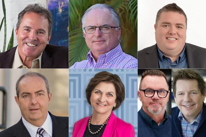 The seven Kawartha Lakes business leaders who were inducted into the Junior Achievement of Northern and Eastern Ontario's Business Hall of Fame on May 9, 2024 are (left to right, top and bottom): Brad Bird, John Fox, Kyle Hussey, Linden Mackey, Marlene Morrison Nicholls, and Anthony and Carlo Polito. (kawarthaNOW collage of supplied photos)