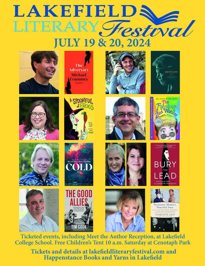 The Lakefield Literary Festival takes place on July 19 and 20, 2024 at at the Bryan Jones Theatre at Lakefield College School, with a children's tent at Cenotaph Park. (Poster: Lakefield Literary Festival)