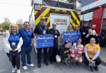 McHappy Day at McDonald's restaurants in Cobourg and Port Hope on May 8, 2024 raised a record $30,000 to support kids' treatment services at Five Counties Children's Centre as well as services at Ronald McDonald House Charities. Pictured are Five Counties staff, volunteers, supporters (including the Cobourg Fire Department), and local McDonald's owner and operator Lisa Wilson. (Photo courtesy of Five Counties Children's Centre)