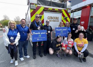 McHappy Day at McDonald's restaurants in Cobourg and Port Hope on May 8, 2024 raised a record $30,000 to support kids' treatment services at Five Counties Children's Centre as well as services at Ronald McDonald House Charities. Pictured are Five Counties staff, volunteers, supporters (including the Cobourg Fire Department), and local McDonald's owner and operator Lisa Wilson. (Photo courtesy of Five Counties Children's Centre)