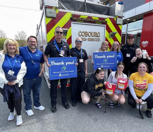 McHappy Day at McDonald's restaurants in Cobourg and Port Hope on May 8, 2024 raised a record $30,000 to support kids' treatment services at Five Counties Children's Centre as well as services at Ronald McDonald House Charities. Pictured are Five Counties staff, volunteers, supporters (including the Cobourg Fire Department), and local McDonald's owner and operator Lisa Wilson. (Photo courtesy of Five Counties Children's Centre)