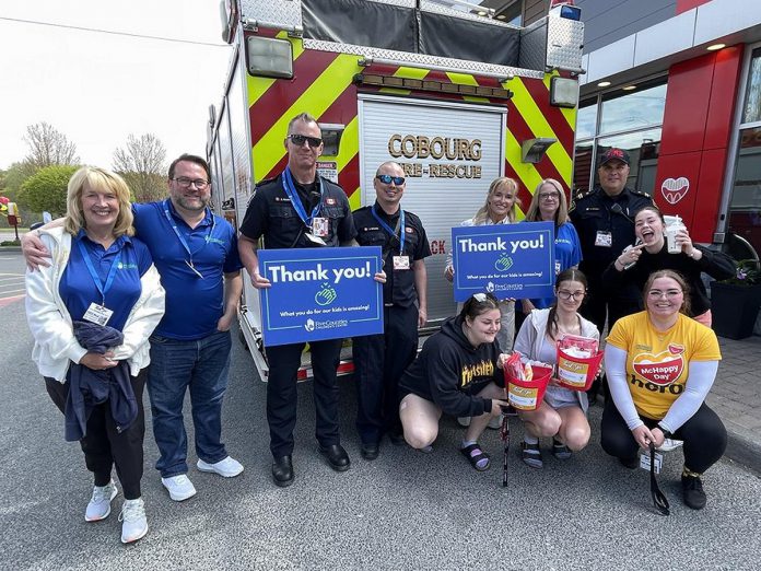 McHappy Day at McDonald's restaurants in Cobourg and Port Hope on May 8, 2024 raised a record $30,000 to support kids' treatment services at Five Counties Children's Centre as well as services at Ronald McDonald House Charities. Pictured are Five Counties staff, volunteers, supporters (including the Cobourg Fire Department), and local McDonald's owner and operator Lisa Wilson. (Photo courtesy of Five Counties Children's Centre)