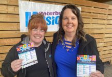 Peterborough Musicfest board chair Tracy Condon (left) and general manager Tracey Randall displaying the free-admission outdoor music festival's lineup for its 37th season during an announcement on May 14, 2024 at Millennium Park. (Photo: Paul Rellinger / kawarthaNOW)