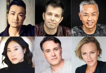 New Stages Theatre Company is presenting a cast of six professional actors to perform a staged reading of David Henry Hwang's Pulitzer Prize finalist play "Yellow Face" at Market Hall Performing Arts Centre for one night only on June 9, 2024. Pictured (left to right, top and bottom) are Norman Yeung, Colin Doyle, Richard Tse, Tina Jung, M. John Kennedy, and Chloë Dirksen. (kawarthaNOW collage of supplied photos)