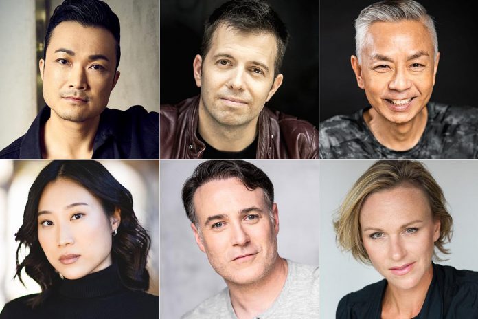 New Stages Theatre Company is presenting a cast of six professional actors to perform a staged reading of David Henry Hwang's Pulitzer Prize finalist play "Yellow Face" at Market Hall Performing Arts Centre for one night only on June 9, 2024. Pictured (left to right, top and bottom) are Norman Yeung, Colin Doyle, Richard Tse, Tina Jung, M. John Kennedy, and Chloë Dirksen. (kawarthaNOW collage of supplied photos)