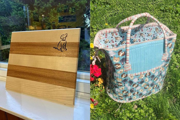 A hand-carved cutting board donated by Christiane Von and a handmade Poppins tote bag created and donated by Paulette Warner are two of the items available to bid on during the online auction fundraiser for No Paw Left Behind, which runs on Facebook from May 27 to 31, 2024. Proceeds will go towards upcoming boarding bills for several animals as well as a few costly surgeries. (Facebook photos)