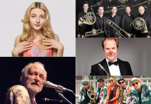 Performing Arts Lakefield's 2024-25 season features (left to right, top to bottom) Caity Gyorgy, Valdy, Buzz Brass, Chris Hall and The Comic Quartet, and The Shuffle Demons. (kawarthaNOW collage of artist photos)